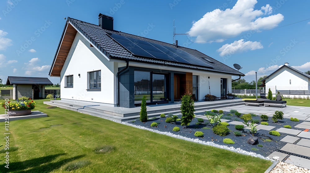 Modern house with solar panels on the roof