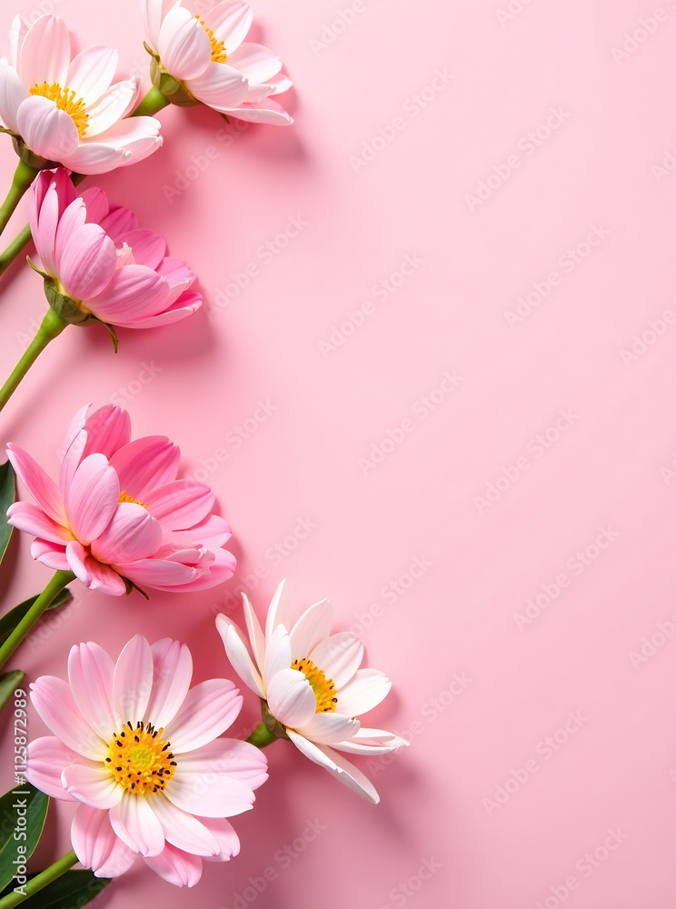 Banner with flowers on light pink background. Greeting card template for Wedding, mothers or womans day. Springtime composition with copy space. Flat lay style Banner with flowers on light pink background. Greeting card template for Wedding, mothers or womans day. Springtime composition with copy space. Flat lay style