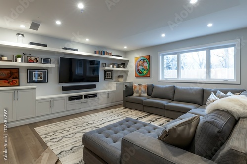 Contemporary modern living room with a modular gray sofa, textured area rug, and a floating entertainment unit with built-in LED lighting. interior design concept 