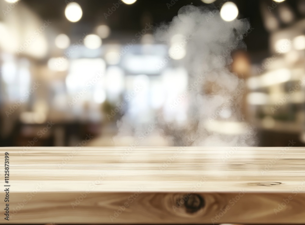 Empty wooden table with steam in blurred cafe background. Empty wooden table with steam in blurred cafe background.