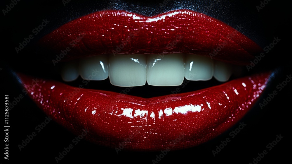 Closeup of glossy red lips with dramatic shadows and highlights Closeup of glossy red lips with dramatic shadows and highlights