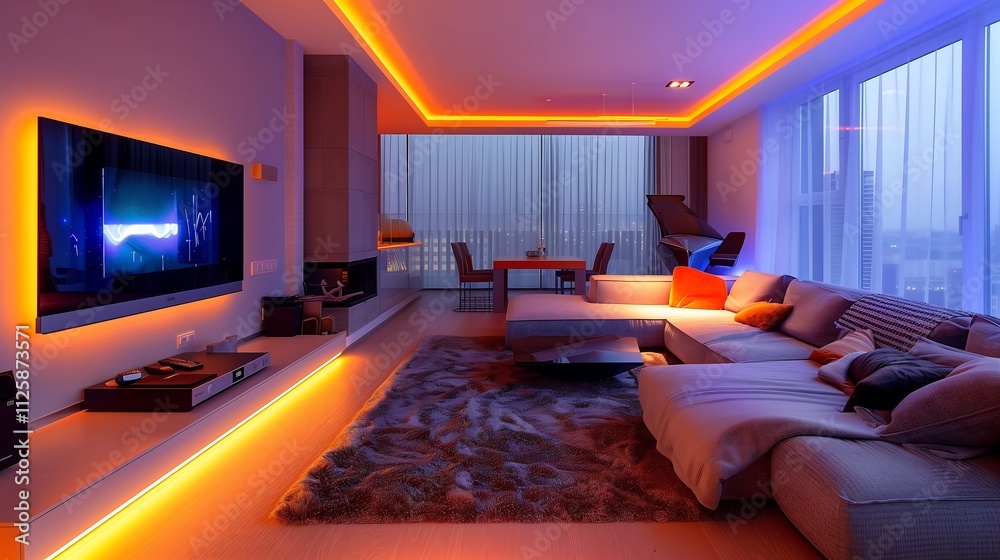 Contemporary modern living room with a modular gray sofa, textured area rug, and a floating entertainment unit with built-in LED lighting. interior design concept 