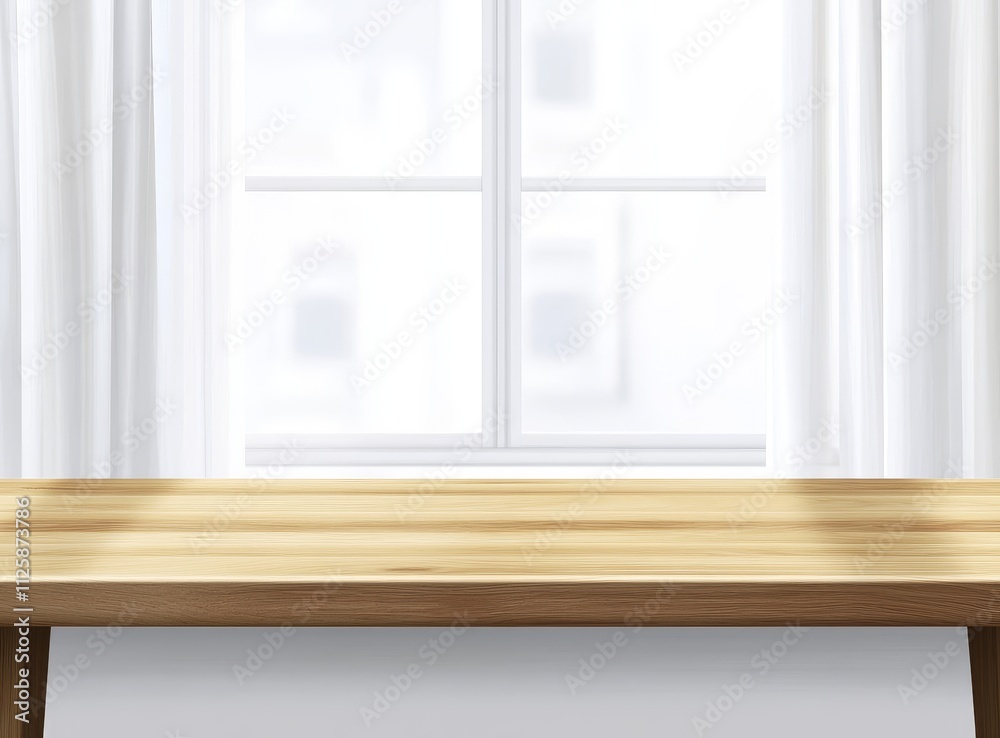 Fototapeta premium Empty light wood table against bright window with white curtains.