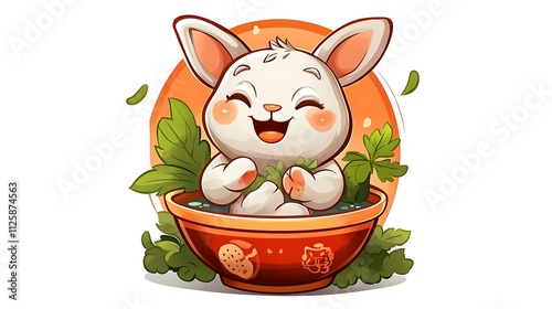 Adorable Happy Bunny in a Bowl of Greens - Digital Illustration for Lunar New Year AI Generated photo