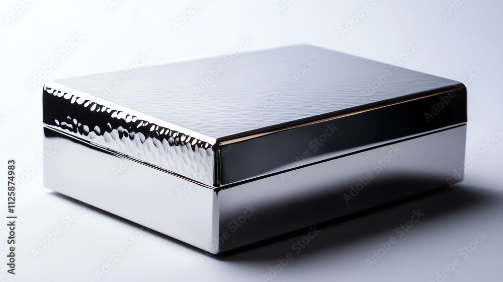 Shiny silver box with a textured lid, minimalistic design on white isolated background. Shiny silver box with a textured lid, minimalistic design on white isolated background.