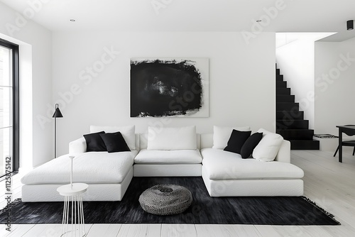 Minimalist modern living room interior design with a black and white palette, featuring a low-profile sectional sofa and a striking monochrome abstract painting.