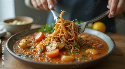 Woman's Hands Using Forks to Lift Delicious Spaghetti from a Vibrant Tomato and Lentil Soup with Cherry Tomatoes and Lemon Slices, Wooden Table Setting