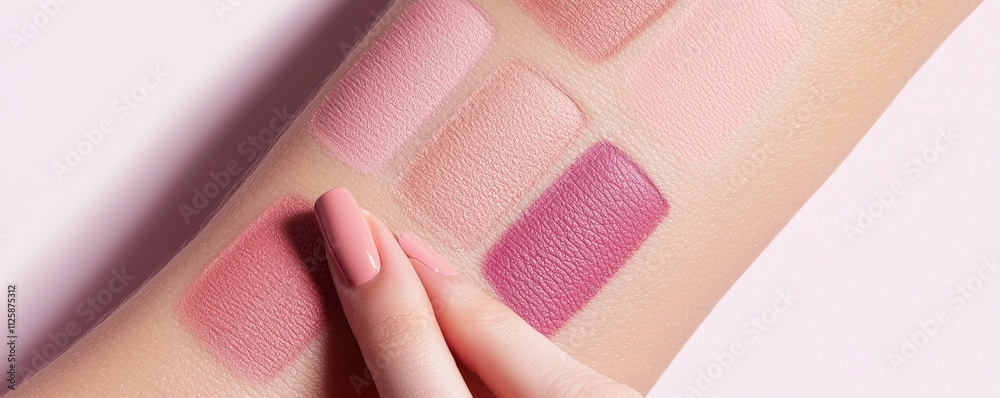 A close-up of a hand showcasing various shades of blush swatched on the forearm, highlighting soft pink tones and textures. A close-up of a hand showcasing various shades of blush swatched on the forearm, highlighting soft pink tones and textures.