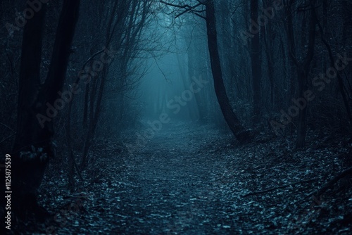 A narrow trail winds into a misty woods, enveloped by dark, tall trees. The ground is uneven, covered with fallen leaves, perfect for an adventure. Generative AI photo