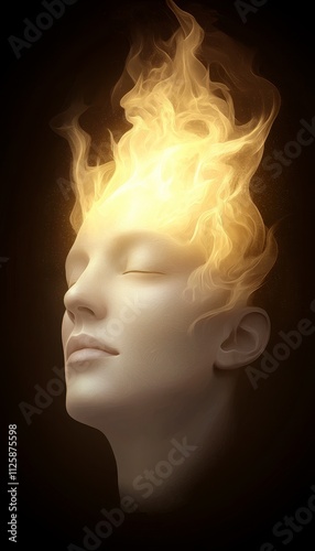 A serene face with flames symbolizing creativity and inspiration.