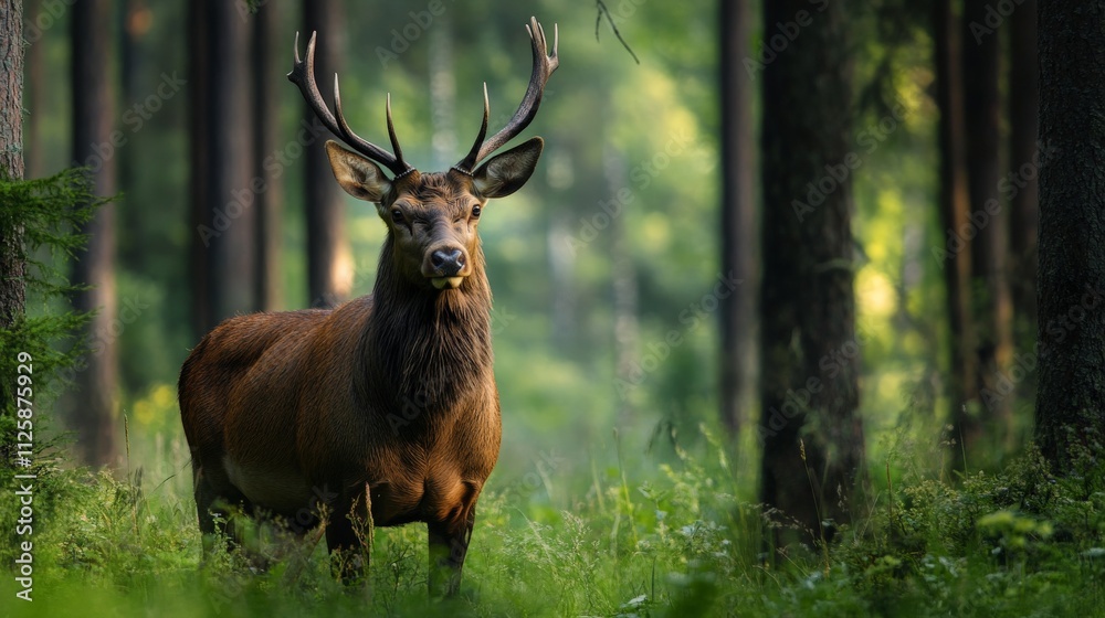 Fototapeta premium A majestic red deer stag with large antlers stands in a lush forest clearing.