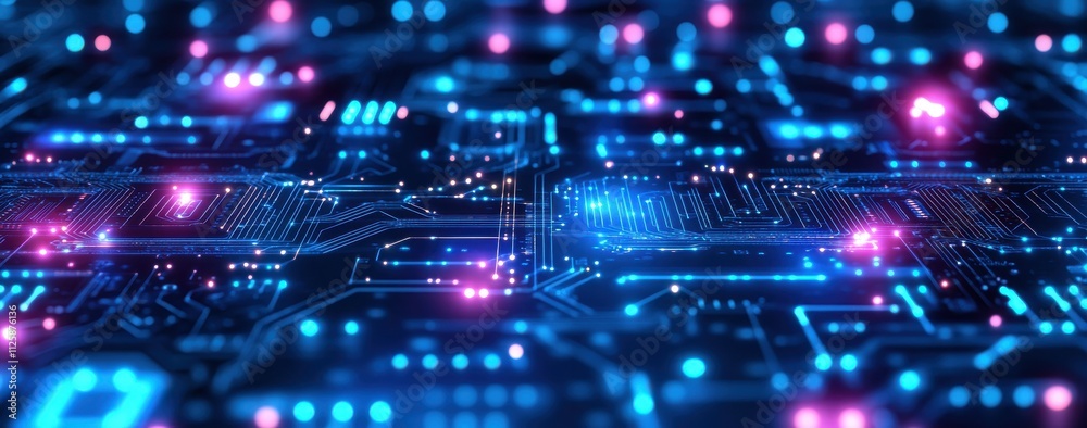 Fototapeta premium A computer chip with blue and pink lights