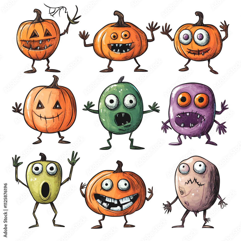 Fototapeta premium Cute Halloween Monster Collection: Spooky Pumpkins and Funny Creatures