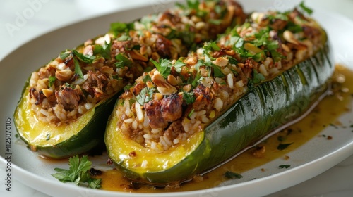 Delicious Stuffed Zucchini Boats with Savory Rice and Ground Meat Topping photo