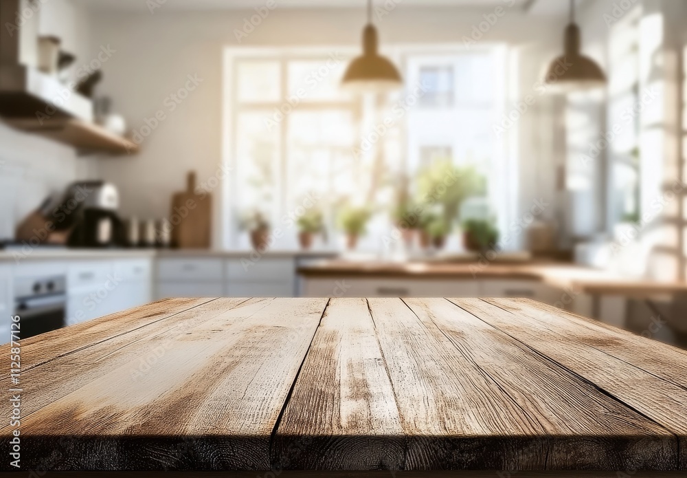 Empty wooden table in front of blurred modern kitchen. (5) Empty wooden table in front of blurred modern kitchen. (5)