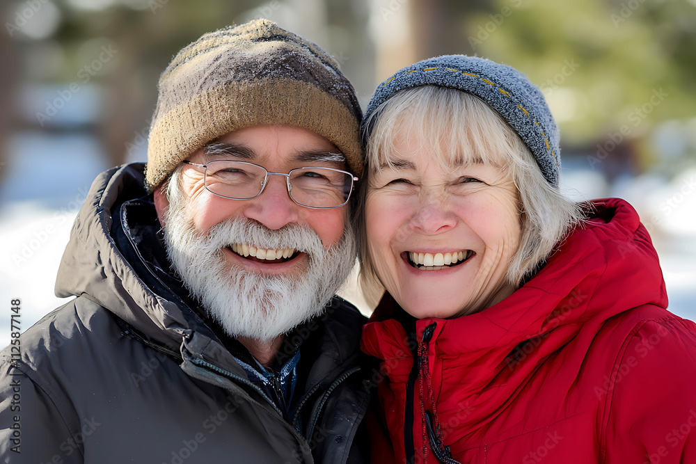 Cheerful retired couple enjoying a snowy winter day in a park, wearing warm winter clothes Cheerful retired couple enjoying a snowy winter day in a park, wearing warm winter clothes