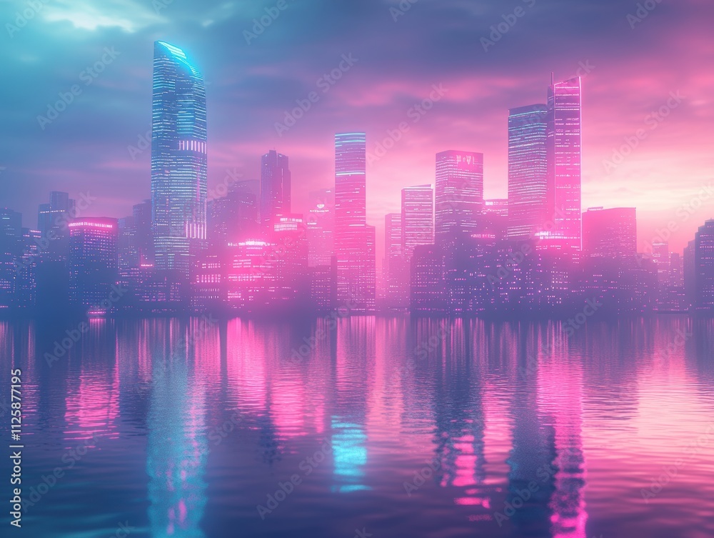 A vibrant city skyline illuminated by neon lights, reflecting in water. A vibrant city skyline illuminated by neon lights, reflecting in water.