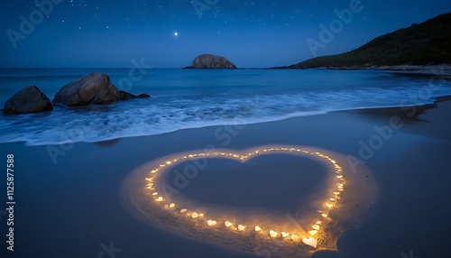 a heart shaped candle is lit up on the beach.