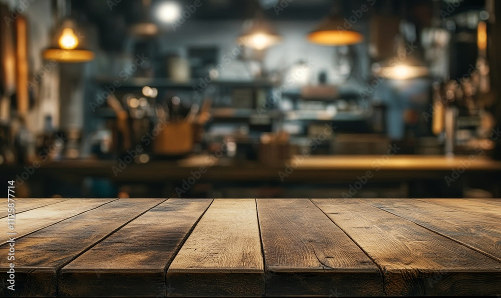 Rustic wooden table in front of blurred cafe interior. (1) Rustic wooden table in front of blurred cafe interior. (1)