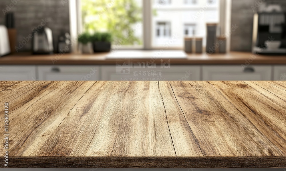 Empty light brown wooden table in blurred modern kitchen background. Empty light brown wooden table in blurred modern kitchen background.