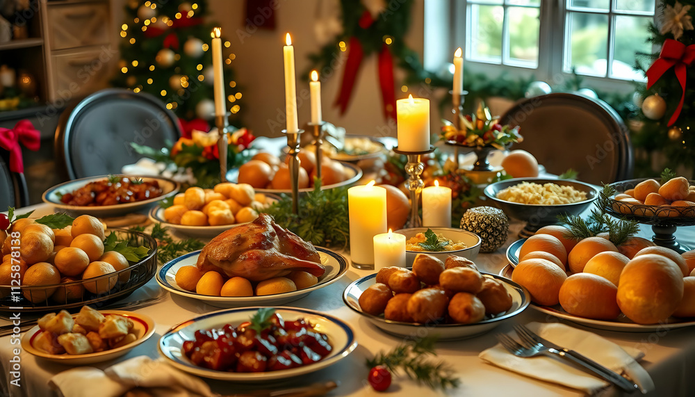 A lavish Christmas dinner table spread featuring various delicious dishes, including roast meat, potatoes, salads, bread rolls, candles, and evergreen decorations. A lavish Christmas dinner spread, A lavish Christmas dinner table spread featuring various delicious dishes, including roast meat, potatoes, salads, bread rolls, candles, and evergreen decorations. A lavish Christmas dinner spread,