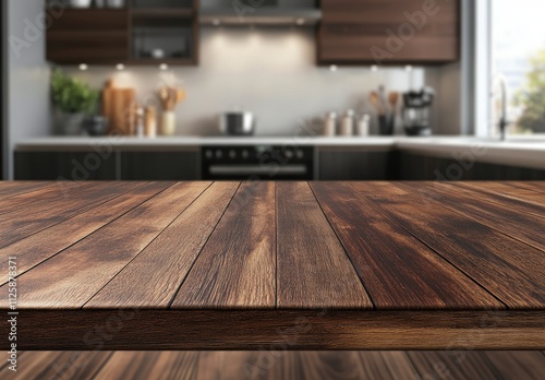 Dark brown wooden table top in front of blurred modern kitchen. photo