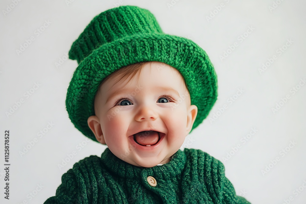 Cute baby in a green hat and sweater, giggling and enjoying saint patrick's day festivities Cute baby in a green hat and sweater, giggling and enjoying saint patrick's day festivities