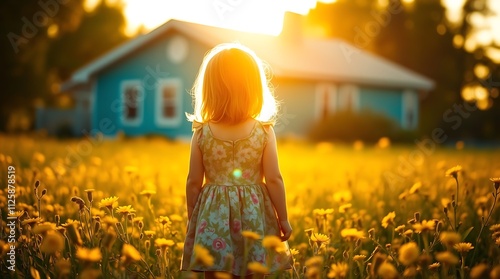 cheerful girl with pigtails twirls in a pink dress adorned with yellow flowers in a sunny backyard. The image, filled with vibrant colors and joyful energy, is ideal for advertising family products photo