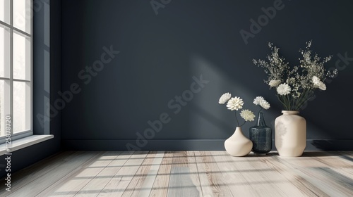 A tranquil room featuring a dark charcoal wall  light hickory floors