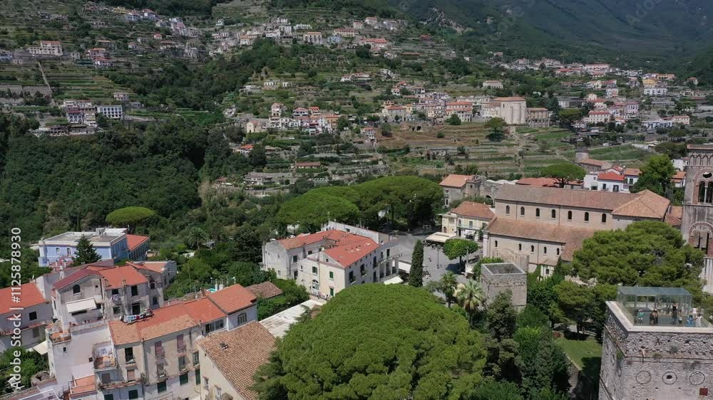 Aerial view of churches and central tourist area Ravello town on Amalfi Coast on sunny summer day, Italy Aerial view of churches and central tourist area Ravello town on Amalfi Coast on sunny summer day, Italy