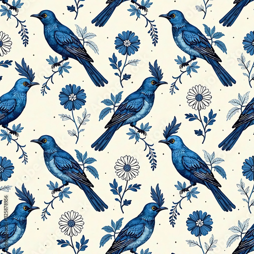 Vintage blue and white seamless pattern with birds and floral designs, perfect for elegant textiles and wallpapers photo