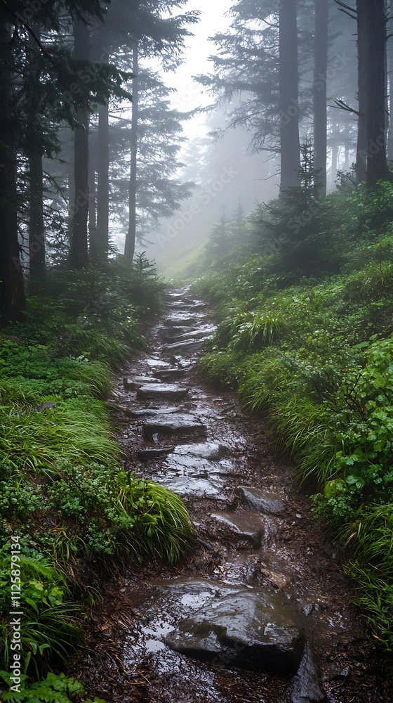 A misty forest trail with rocky pathways and lush greenery. A misty forest trail with rocky pathways and lush greenery.
