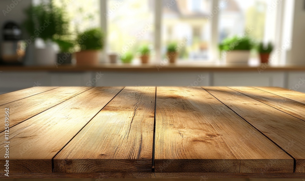 Sunlit wooden table top in bright kitchen.