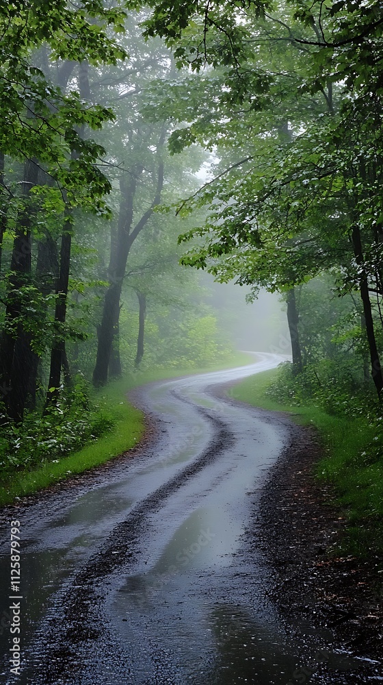 Naklejka premium A winding, misty road through lush greenery, evoking tranquility and nature's beauty.