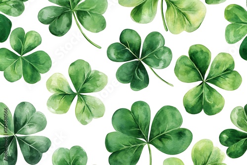 Watercolor seamless pattern featuring green shamrocks on a white background, perfect for st. Patrick's day celebrations