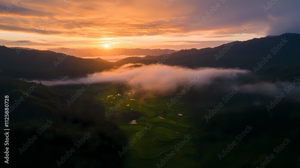 Aerial view of sunrise over misty valley & rice terraces. Aerial view of sunrise over misty valley & rice terraces.