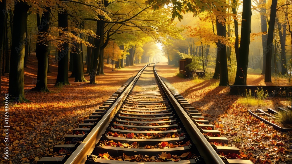 Naklejka premium Autumn's embrace on the railway. Serenity.