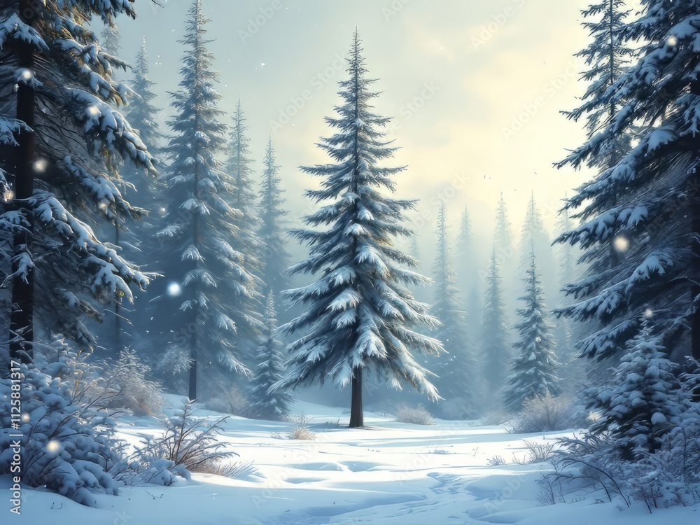 Naklejka premium Bare branches, frosted snow, a single star. Winter's quiet charm.