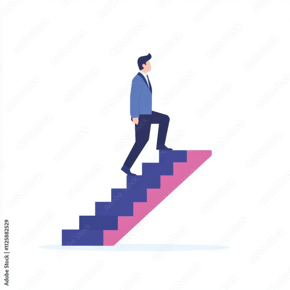 A professional man climbs a colorful staircase, symbolizing progress and success in a minimalist style. A professional man climbs a colorful staircase, symbolizing progress and success in a minimalist style.