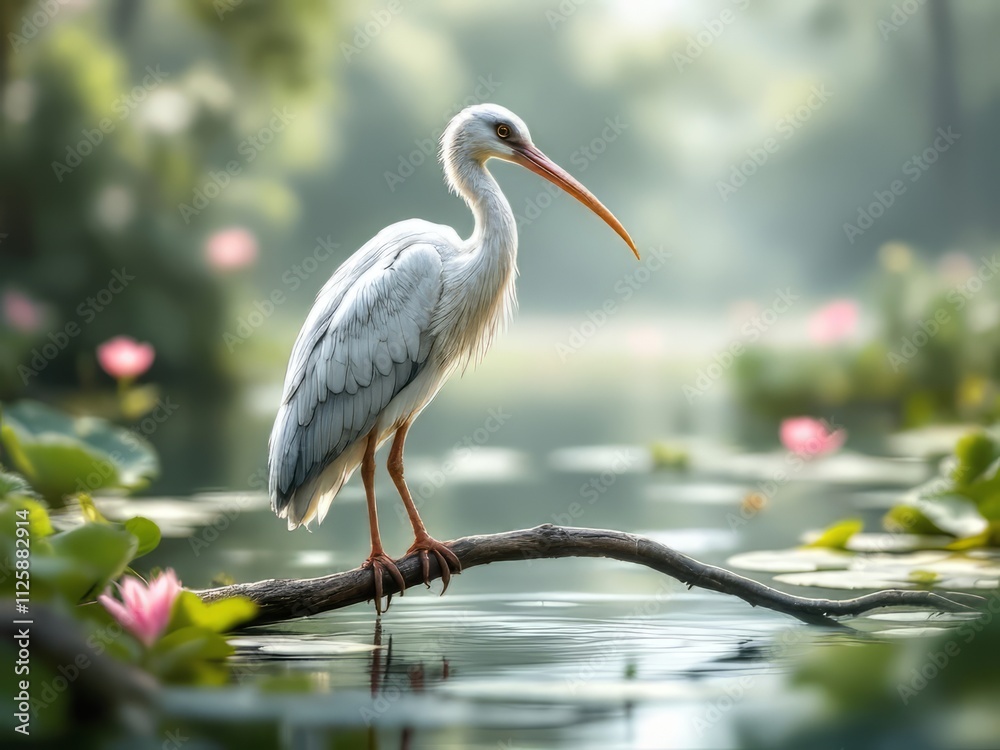 Fototapeta premium Blurred wildlife, a white ibis at Lake Apopka.