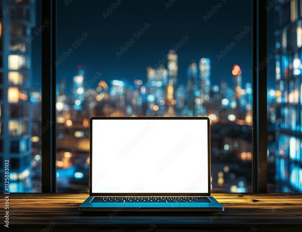 Laptop with blank screen on wooden desk at night, overlooking city lights. Laptop with blank screen on wooden desk at night, overlooking city lights.