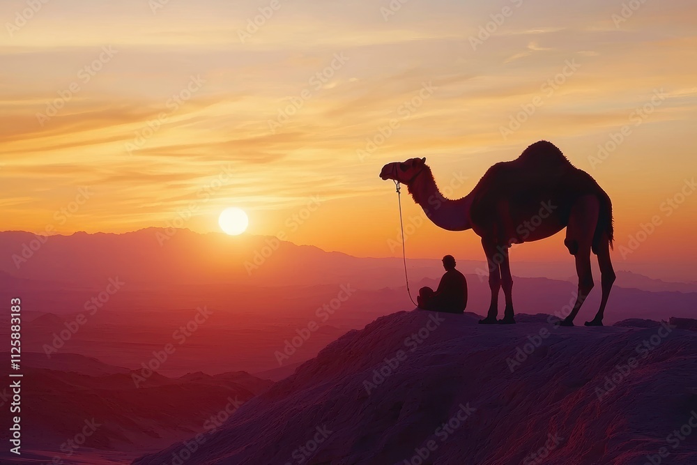 Camel and Man Watching a Breathtaking Sunset in the Desert Camel and Man Watching a Breathtaking Sunset in the Desert