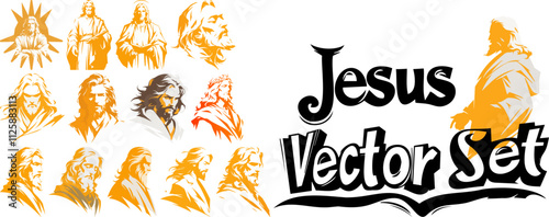 A diverse collection of vector illustrations depicting Jesus Christ in various poses and styles, perfect for religious designs, presentations, and digital art projects.