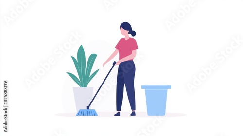 A woman cleans the floor with a mop beside a potted plant and a bucket, showcasing a tidy and organized environment.