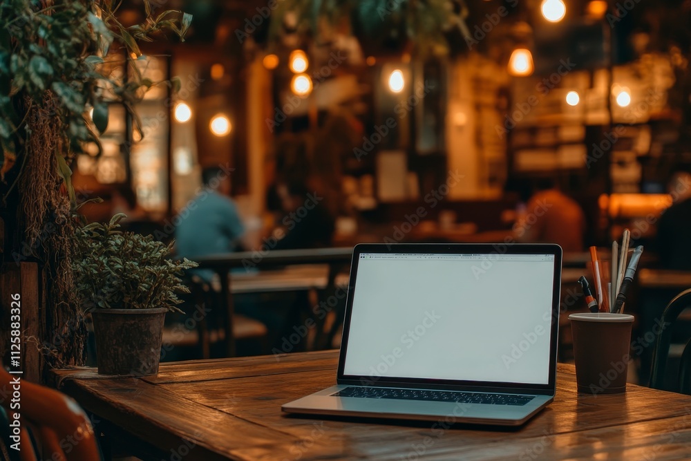 Laptop with blank screen on wooden table in a cafe at night. Laptop with blank screen on wooden table in a cafe at night.