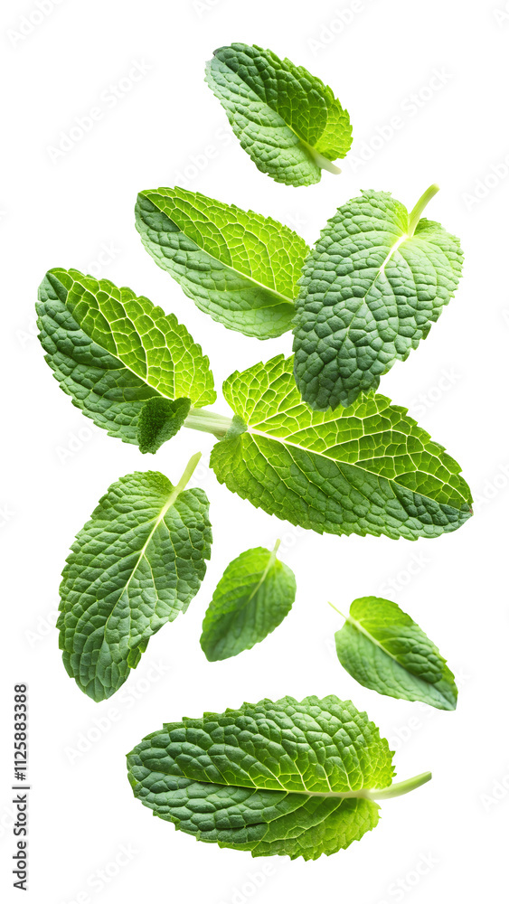 flying fresh mint leaves isolated on transparent white background, clipping path flying fresh mint leaves isolated on transparent white background, clipping path