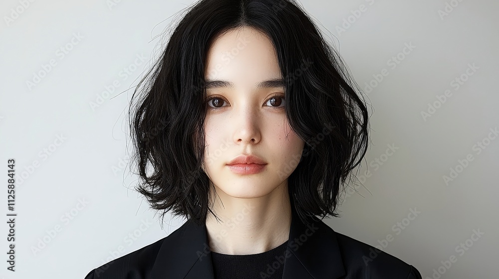 Stylish Asian Woman Short Black Hair Modern Blazer Portrait Stylish Asian Woman Short Black Hair Modern Blazer Portrait