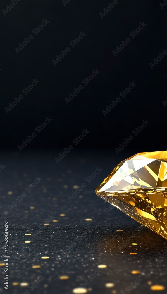 A shimmering yellow diamond on a dark surface with golden sparkles. A shimmering yellow diamond on a dark surface with golden sparkles.
