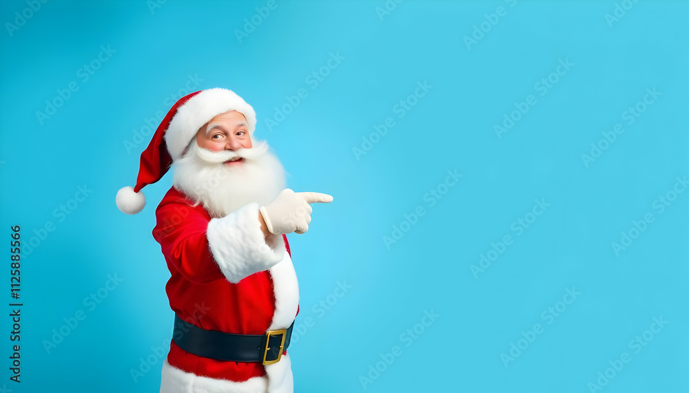 Smiling Santa Claus pointing on blank advertisement banner background with copy space.A cheerful and friendly Santa Claus points to an empty advertisement banner, offering a perfect opportunity for ad Smiling Santa Claus pointing on blank advertisement banner background with copy space.A cheerful and friendly Santa Claus points to an empty advertisement banner, offering a perfect opportunity for ad