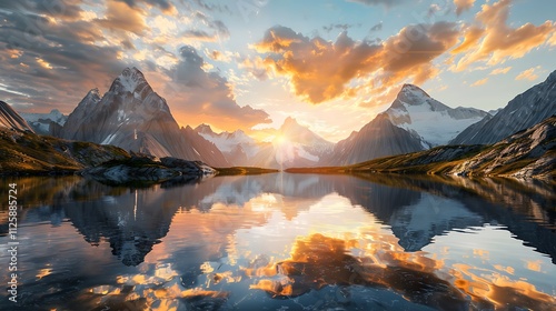 A hyper-realistic sunset over a mountain lake, with the peaks reflected in the still water and a mockup in the side. full ultra hd, high resolution